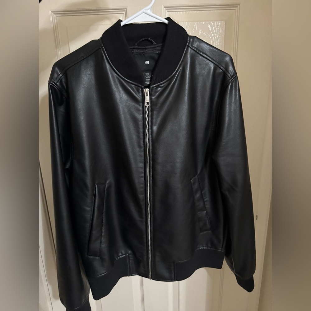 H&M Men's Black Leather Bomber Jacket